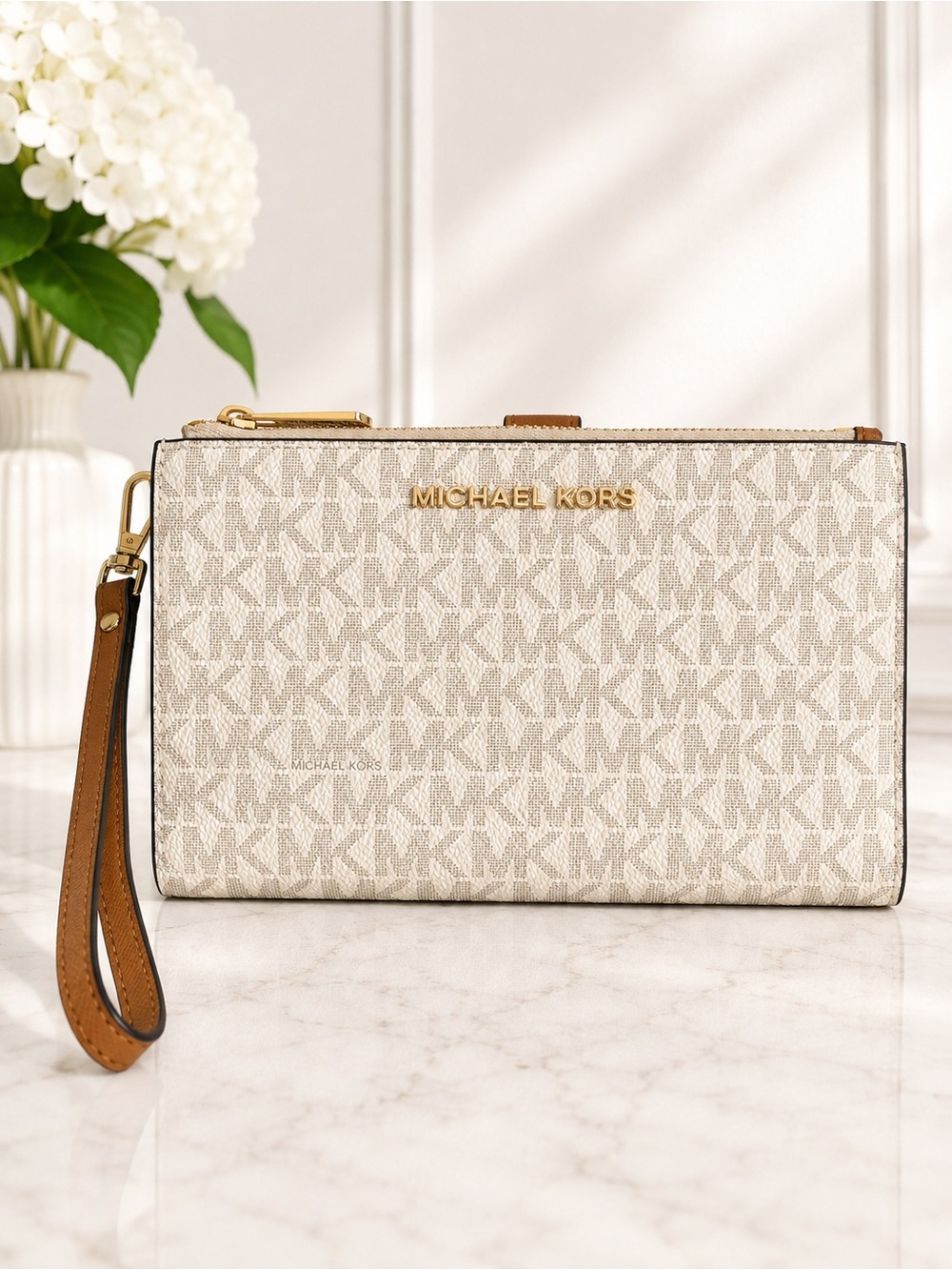 Michael Kors Signature Wristlet in Cream and Brown with Gold Hardware